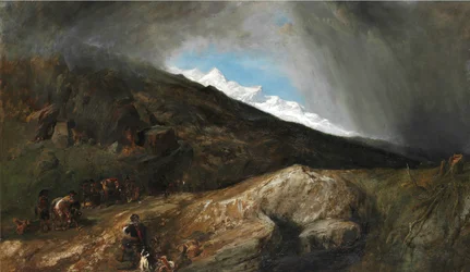 Berglandschaft mit einem Jäger und Wanderern